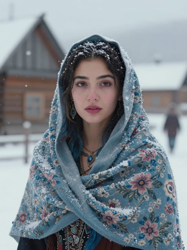 A cinematic portrait of a young Roma woman standing in a snowy village, softly falling snowflak…