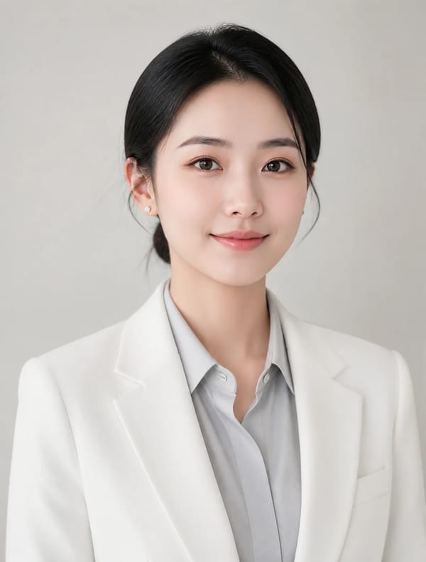 人物肖像照，正面，28岁东亚年轻女生，28岁亚洲女性职业肖像，脸型偏圆，但是看起来偏瘦，乌黑低丸子头，佩戴简约白金耳钉（直径8mm）。五官特征：粉雾眉（#5A4A42渐变），杏仁眼带珠光浅棕…