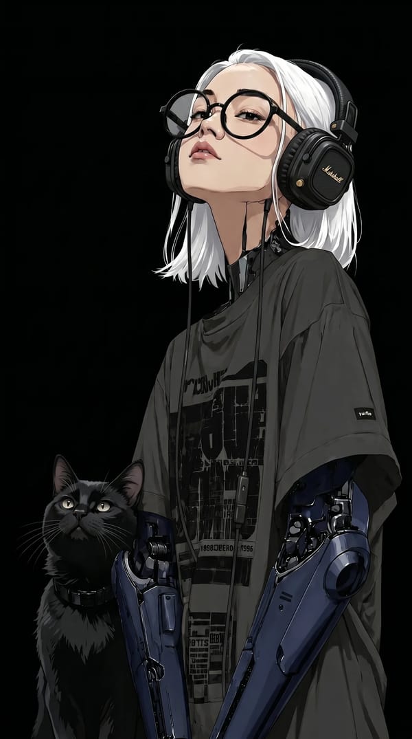 In this style, make the cat black, the color of the mechanical arms dark blue, the dark oversiz…