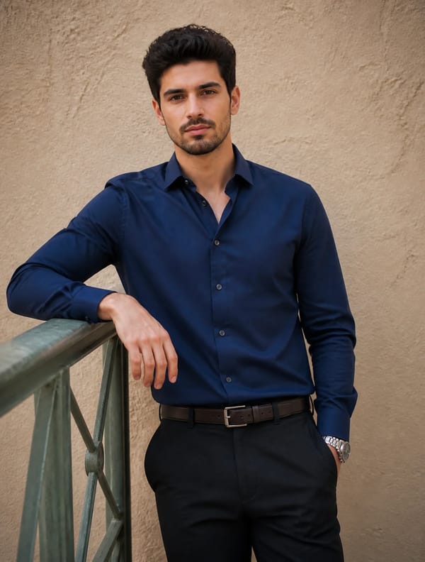 A young man with dark, styled hair and light stubble stands in a relaxed, confident pose, leani…