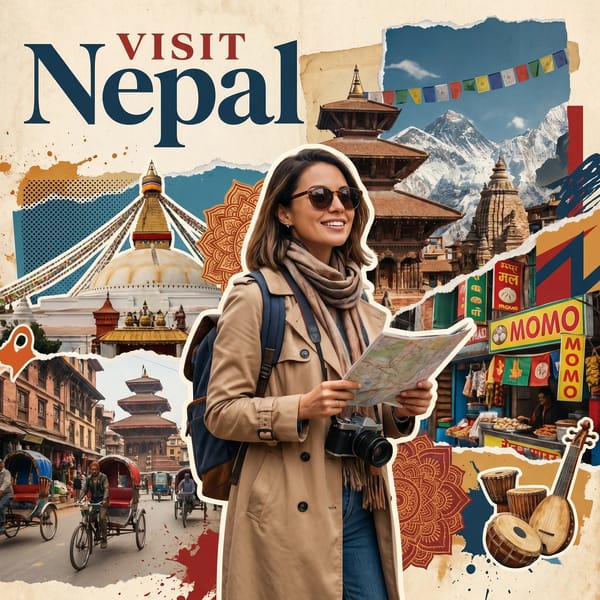 Create a stylized travel poster / graphic collage for Nepal. The main subject should be a styli…