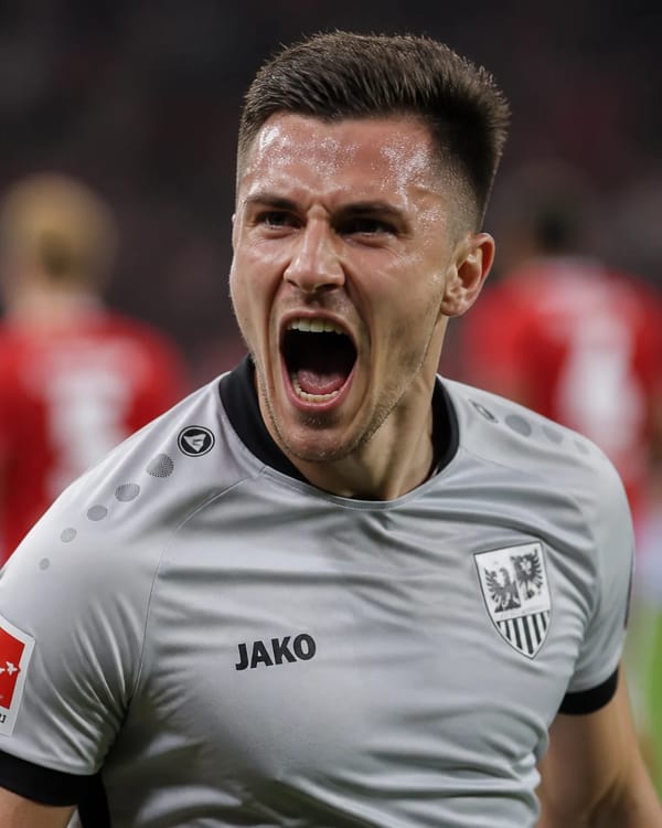 A professional soccer player celebrates a goal with an intense, wide-mouthed expression, his fa…