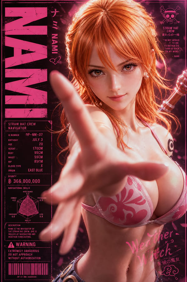 A vertical character poster featuring [娜美 (Nami)] as the absolute main visual, occupying most of th… prompt example