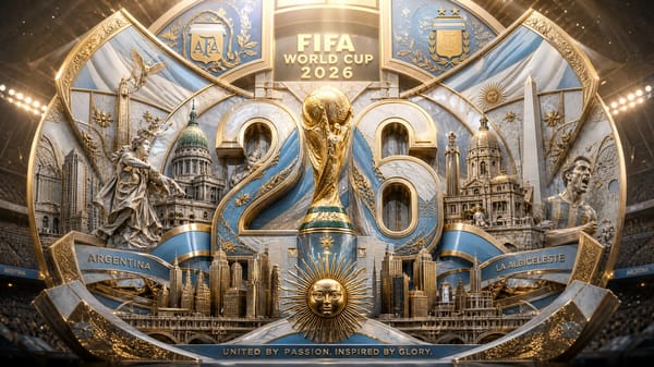 Ultra-luxury FIFA World Cup 2026 poster, monumental layered Art Deco architecture made from int…
