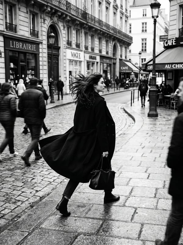 black and white photograph of a vogue fashion shoot. a 20-year-old woman with dark hair walking…
