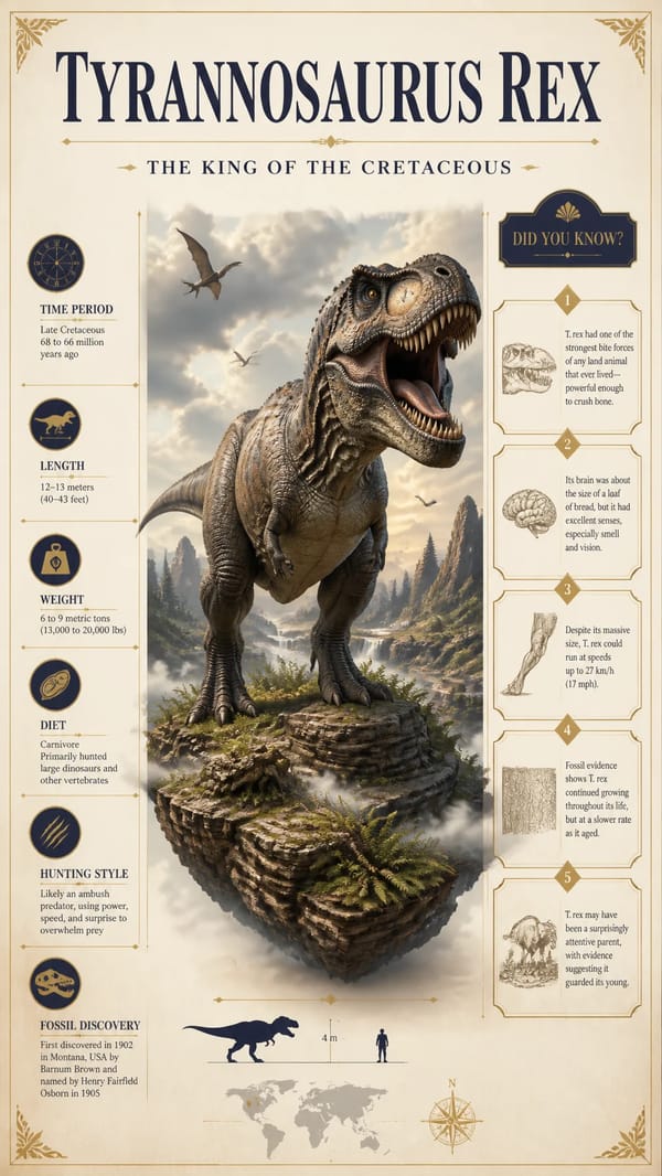 PROMPT:A premium editorial infographic poster in 16:9 horizontal format about the Tyrannosaurus rex… prompt example