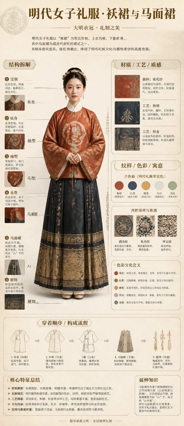 请根据明代的袄裙 + 马面裙自动生成一张[博物馆图鉴式中文拆解信息图]。 prompt example