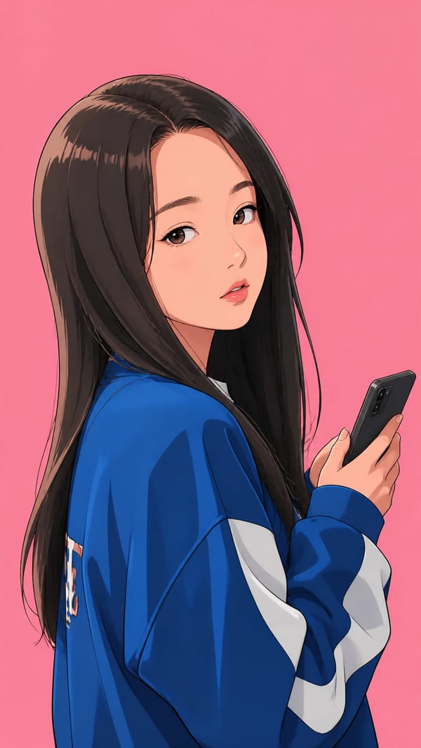 A stylized anime-inspired portrait features [image1], flat pastel pink backdrop. She wears the…