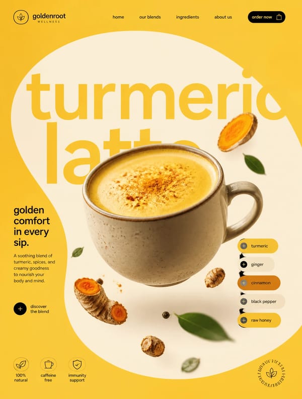 Turmeric Latte STYLE & ART DIRECTION: Modern minimalist food advertising aesthetics, Swiss-styl…