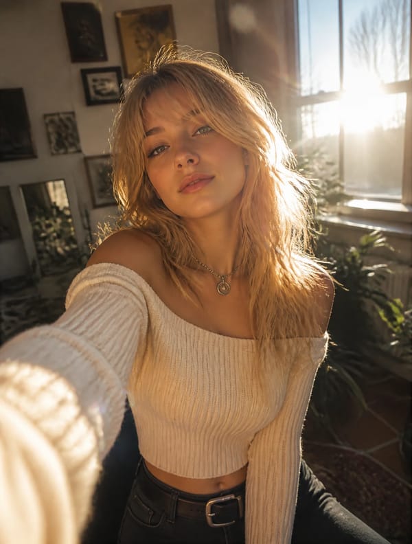A realistic, cinematic digital painting of a young russian woman taking a selfie in a sunlit room.… prompt example