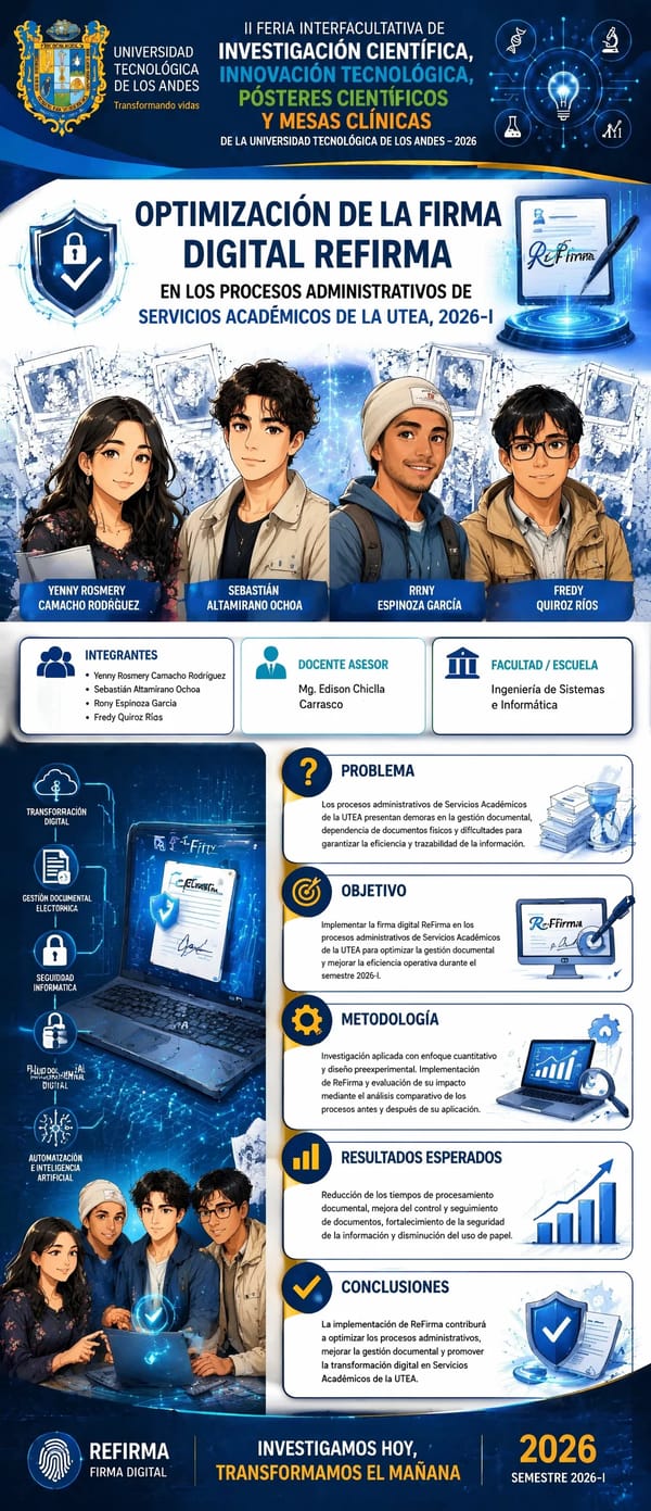 Diseña un póster académico profesional para una feria de tecnología e investigación universitaria.… prompt example
