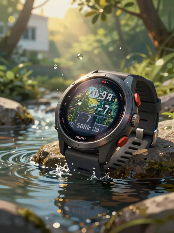 An artistic close-up illustration of a Garmin Tactix 7 Pro Solar watch resting on a damp rock surfa… prompt example