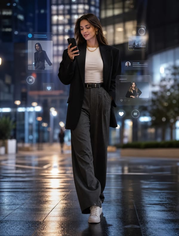Ultra-realistic high-fashion editorial portrait of a beautiful adult woman (20+), standing in a…