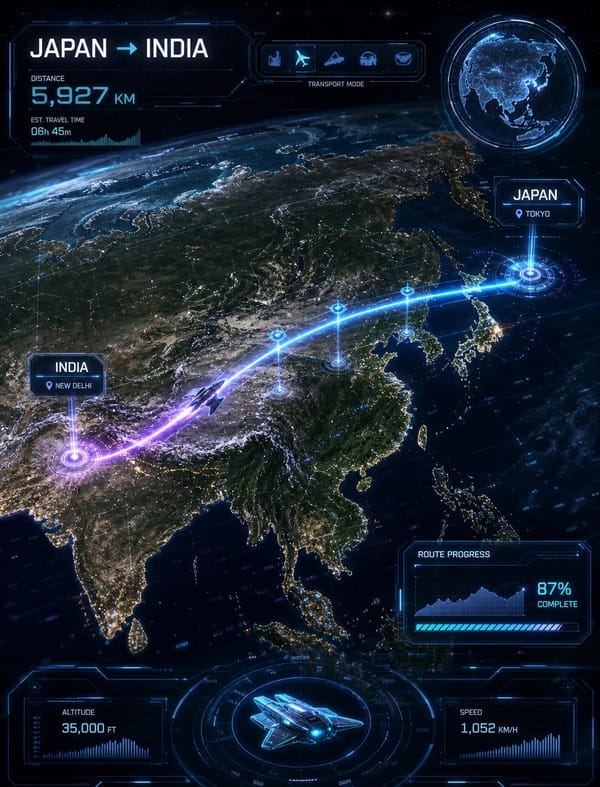 Prompt:Create a futuristic sci-fi travel route visualization showing a journey from [JAPAN] to [IND… prompt example