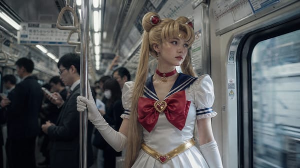 主体内容：一位年轻女性，身着经典水手服风格的动漫角色服装，整体造型参考自《美少女战士》中的月野兔（Sailor Moon），包括白色连衣裙、深蓝色领边与袖口、红色蝴蝶结、金色腰带及心形吊坠，…