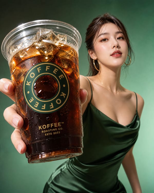 一张高端[咖啡饮品]商业广告大片，[一位韩国网红美女]穿着[墨绿色缎面时尚吊带裙]，妆容为[精致清透的韩式妆容]，配饰为[金色圆圈耳环]，人物以[单手托举向前递出]将[冰咖啡]伸向镜头，[冰咖啡]位… prompt example