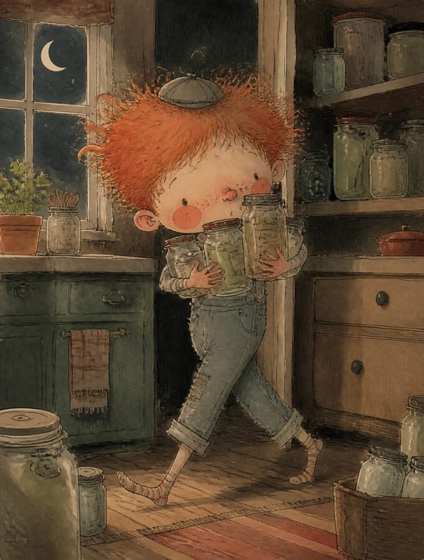 A young boy with wild red hair, freckles, rosy round cheeks, wearing denim overalls and a small…