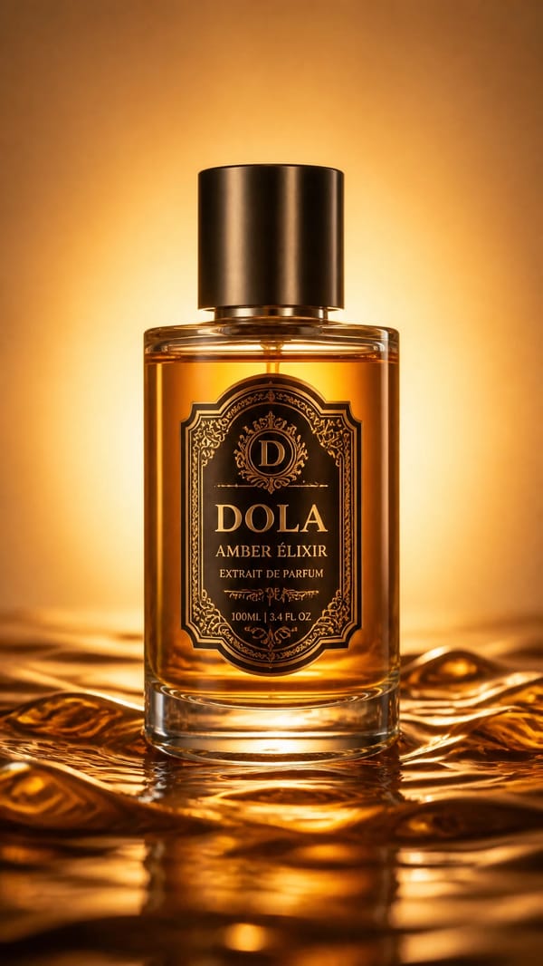 A cylindrical glass perfume bottle sits centered on a bed of viscous, rippling amber liquid tha…