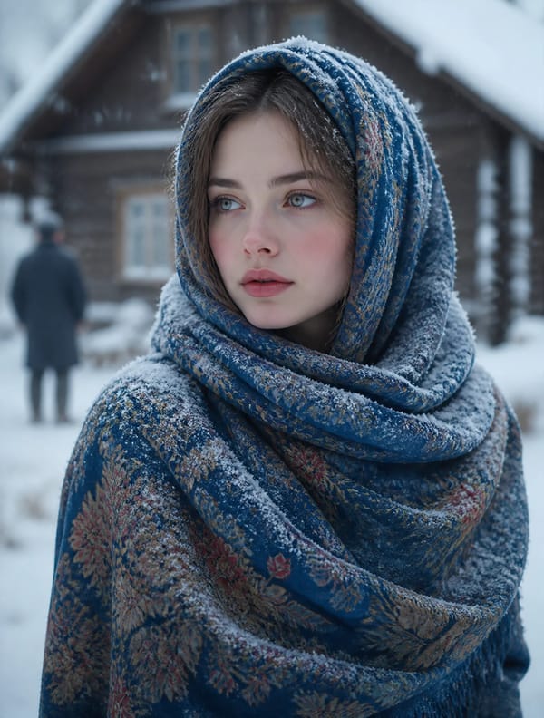 A cinematic portrait of a young woman standing in a snowy village, softly falling snowflakes su…