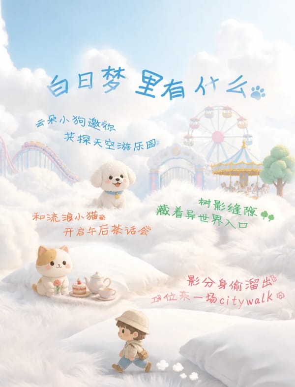 根据画面，和[image2]文字内容，分别加上小狗，游乐园，小猫和走路的卡通小元素 prompt preview