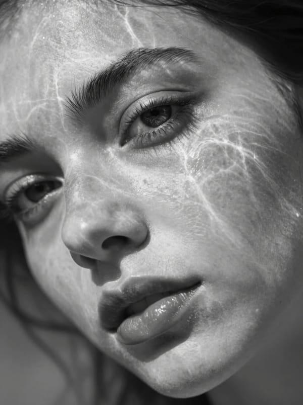 A hyperrealistic 8K black and white extreme close-up portrait of a young Italian woman's face,…