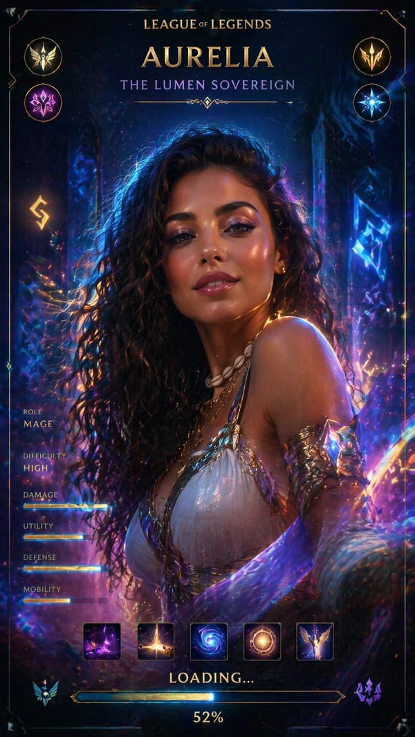 Cinematic League of Legends champion loading screen, ultra-realistic AAA game menu aesthetic ma…