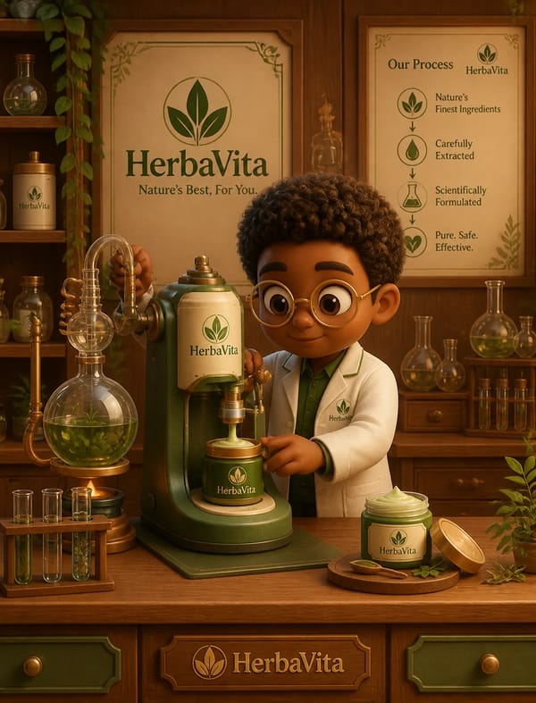 A soft 3D cartoon scene promoting [brand]. A cute, round character with brown skin and a white…