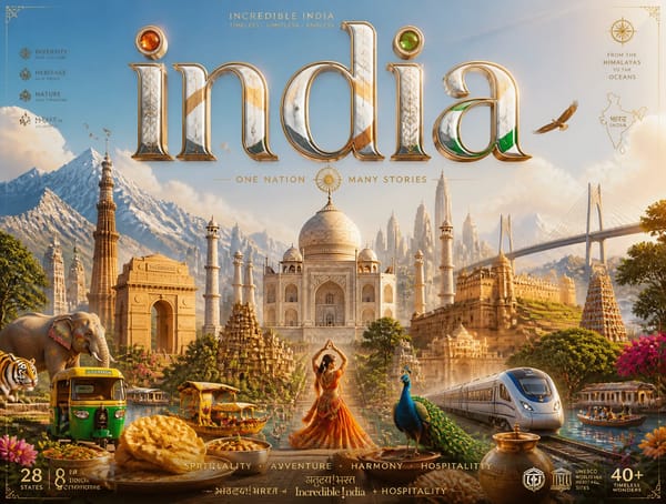 Ultra-premium cinematic 3D travel poster for [INDIA], bright luxury aesthetic, soft sunlight, d…