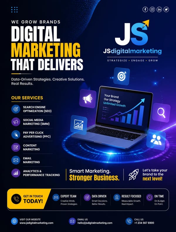 a professional digital marketing poster design for JSdigitalmarketing, featuring a sleek and modern… prompt example