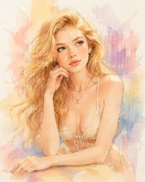 A soft pastel watercolor digital illustration of a young woman with long, flowing blonde hair, gent… prompt example