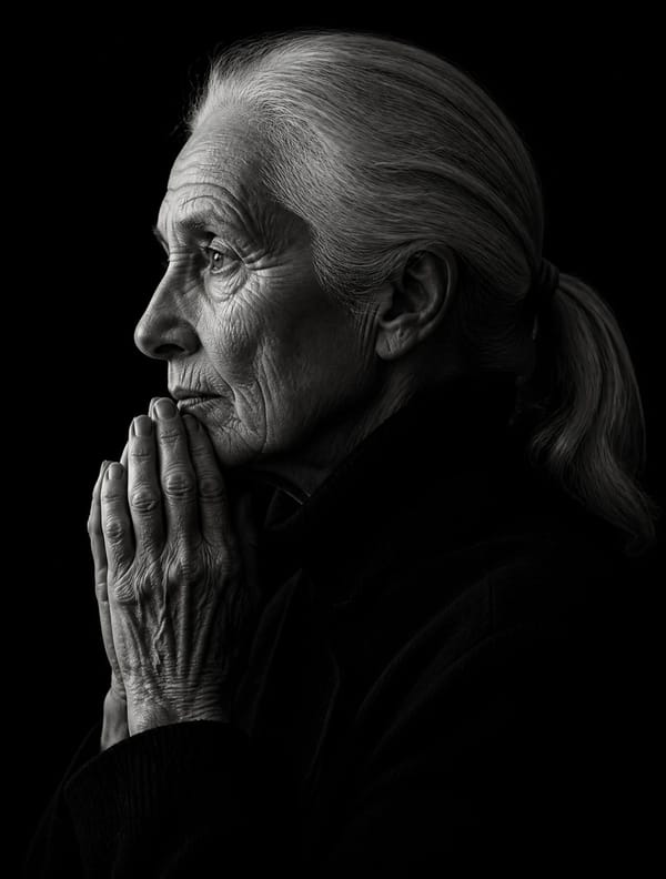 Create a dramatic black-and-white fine-art studio portrait of an elderly woman in left-facing s…