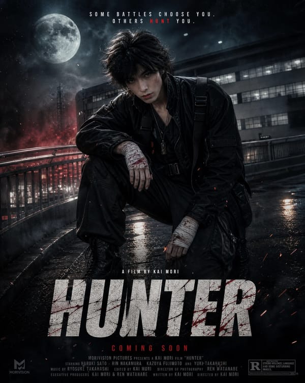 Take this uploaded image and generate a fully designed movie poster for HUNTER. Change the subject’… prompt example