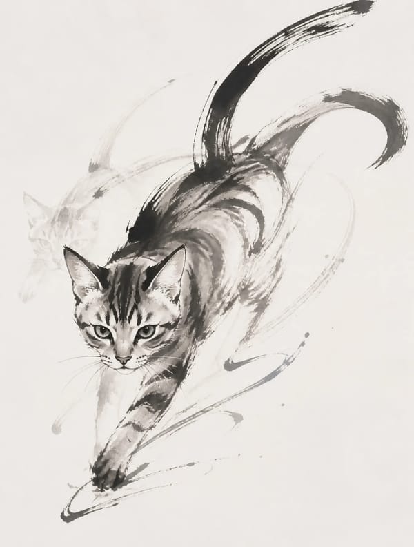 猫。毛色、斑纹、年龄、体态、体型、品种特征、神态与动作自然随机生成。无字。可能是幼猫、成猫或老猫；短毛、长毛或蓬松毛发；可能奔跑、跳跃、回首、蜷缩、潜行、扑击、伸展、嬉戏、追逐、停驻或处于动作转换的… prompt example