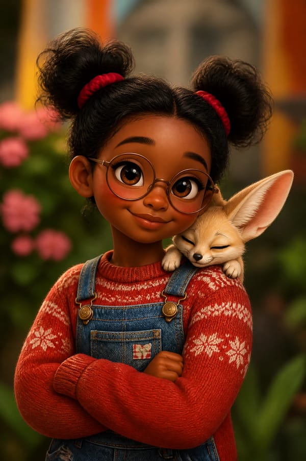 A cute 3D Pixar-style character portrait of a little girl with big expressive eyes and round gl…