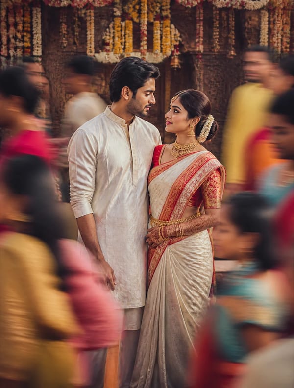 A cinematic Gujarati wedding scene featuring a man and woman dressed in traditional attire, standin… prompt example