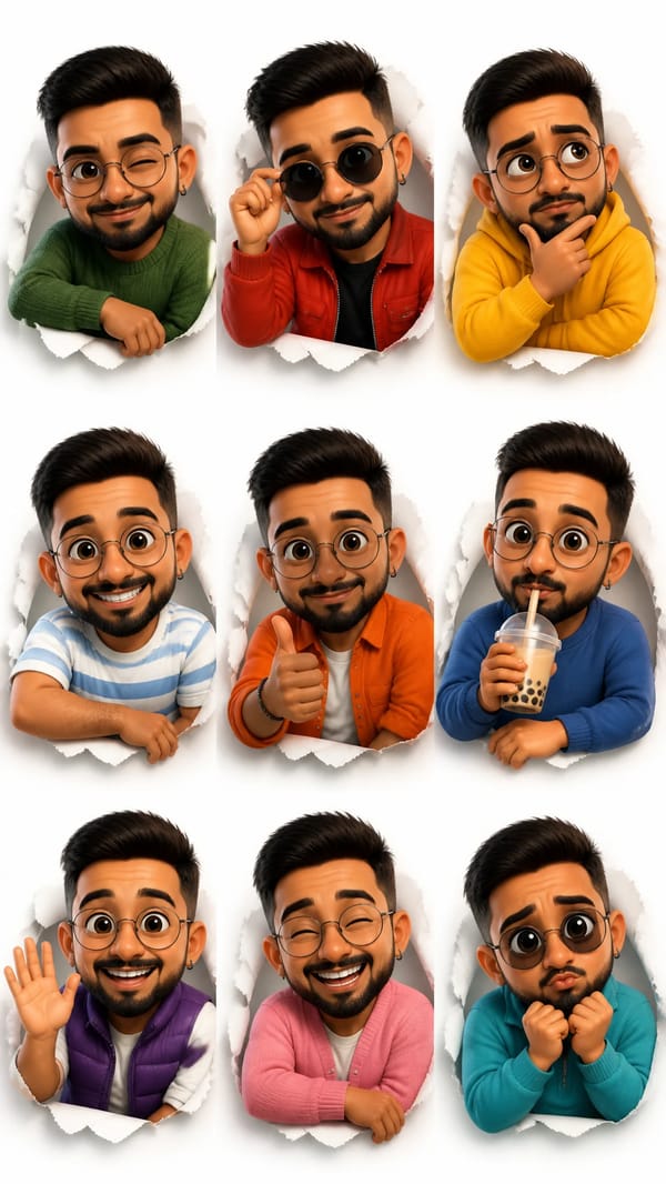 3D Pixar-style expression sheet, cute stylized male avatar with short dark hair and round glasses,… prompt example