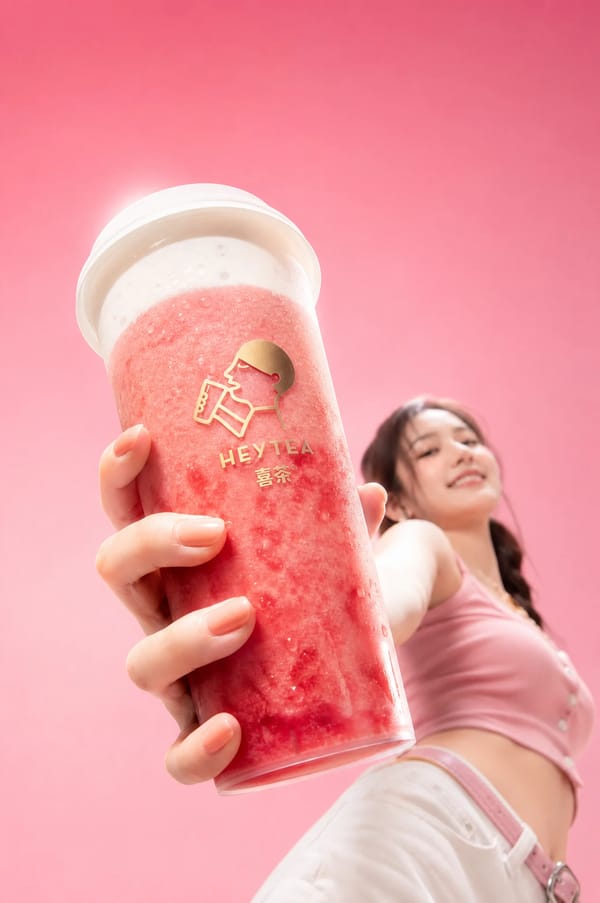 喜茶芝芝莓莓 + 亚洲美女 | 粉桃色渐变背景 [镜头] 极端广角低机位仰拍 prompt preview