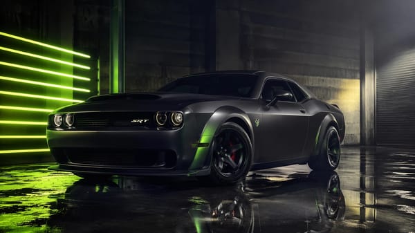 Cinematic automotive studio shot of a Dodge Challenger SRT Demon, facing 45 degrees left. Environme… prompt example