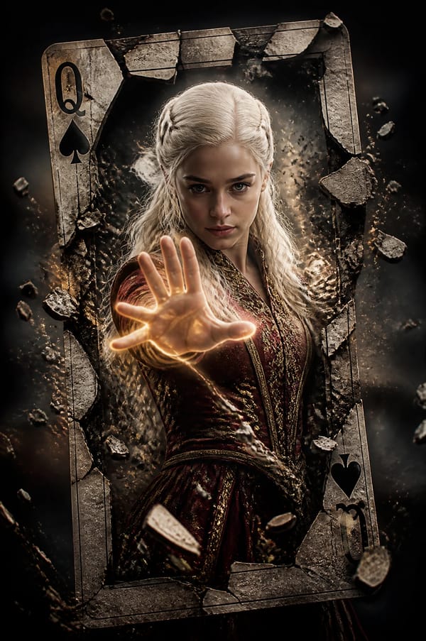 A hyper-realistic cinematic movie poster of a powerful female sorcerer Daenerys Targaryen, with…
