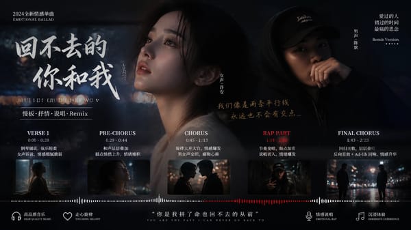 Chinese cinematic emotional ballad with male and female vocals, slow mournful half-time pulse and p… prompt example