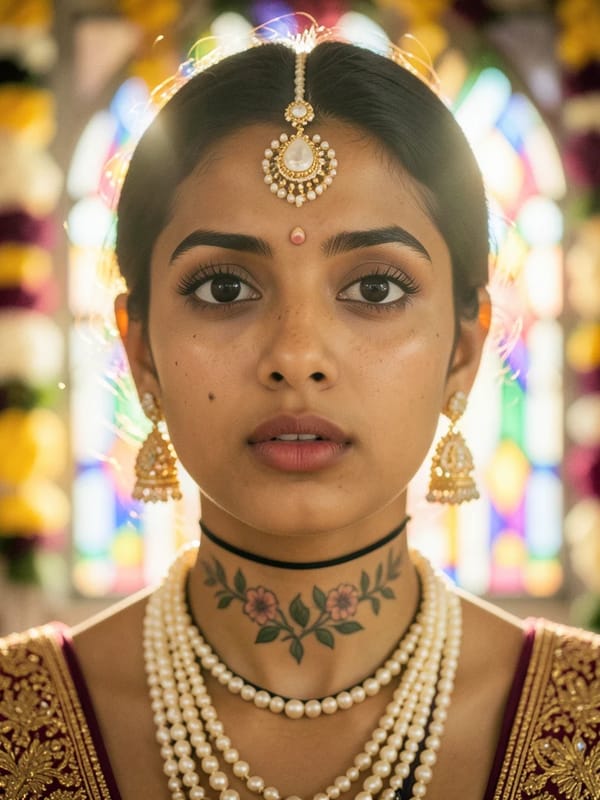 A striking portrait of a young woman in her 20s captured in a soft-focus, ethereal gaze, her fa…