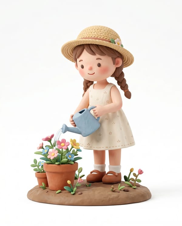 A sweet and exquisitely crafted 3D character. The girl wears a simple, light-colored summer dre…