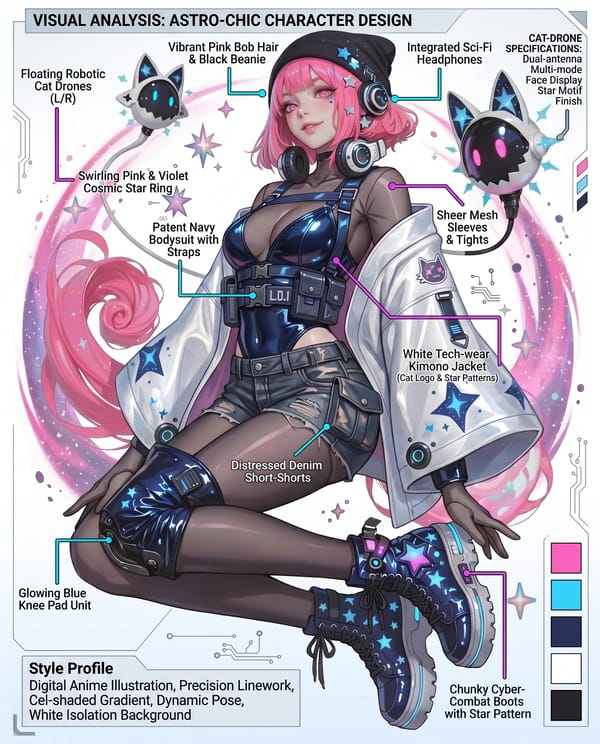 A stylish anime girl with short vibrant pink hair and a black beanie sits floating in a dynamic pos… prompt example