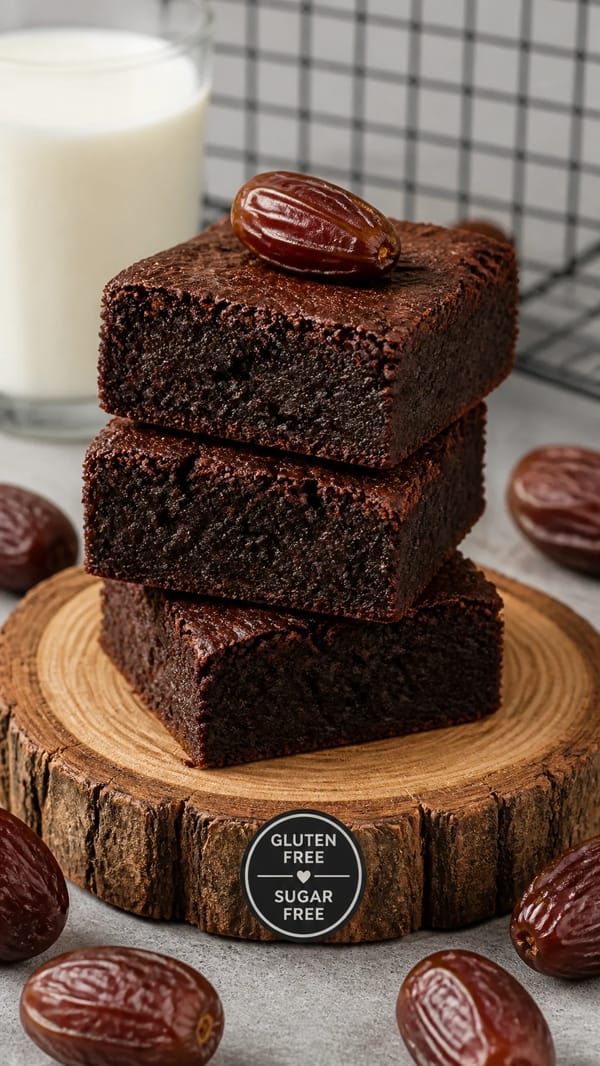 A stack of dense, dark chocolate brownies sits centered on a rustic, circular wood slice, topped wi… prompt example