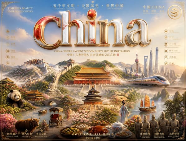 Ultra-premium cinematic 3D travel poster for [CHINA], bright luxury aesthetic, soft sunlight, d…