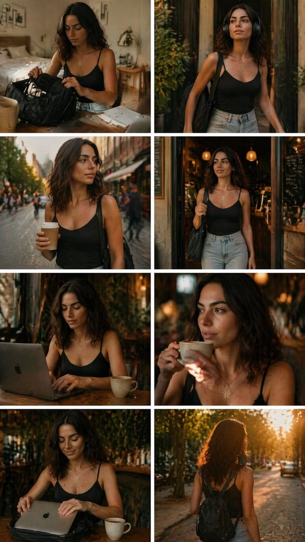 cinematic 8-photo storytelling collage featuring the same girl throughout the journey. prompt example