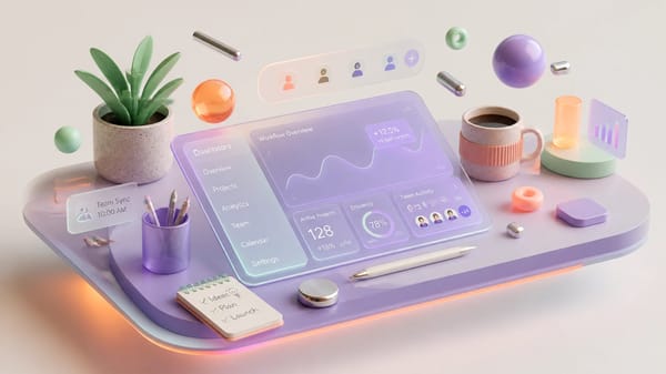 A cutting-edge commercial 3D isometric illustration of a modern creative workspace, designed fo…