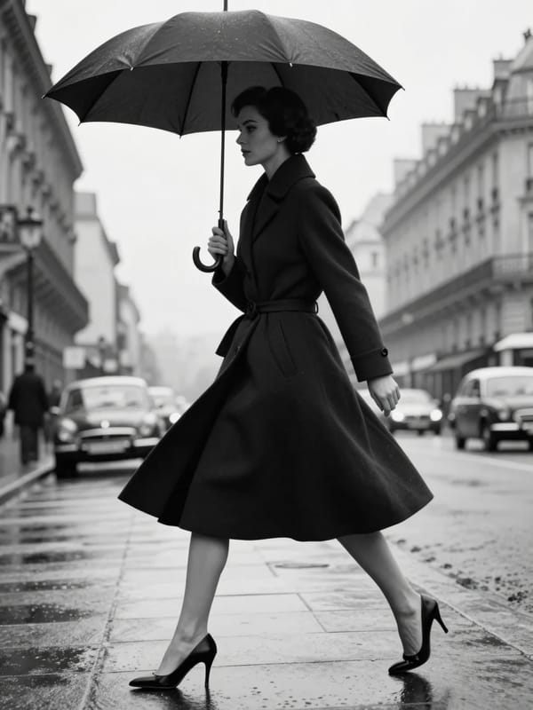 Create a black-and-white high-fashion editorial street photograph inspired by classic 1950s Par…