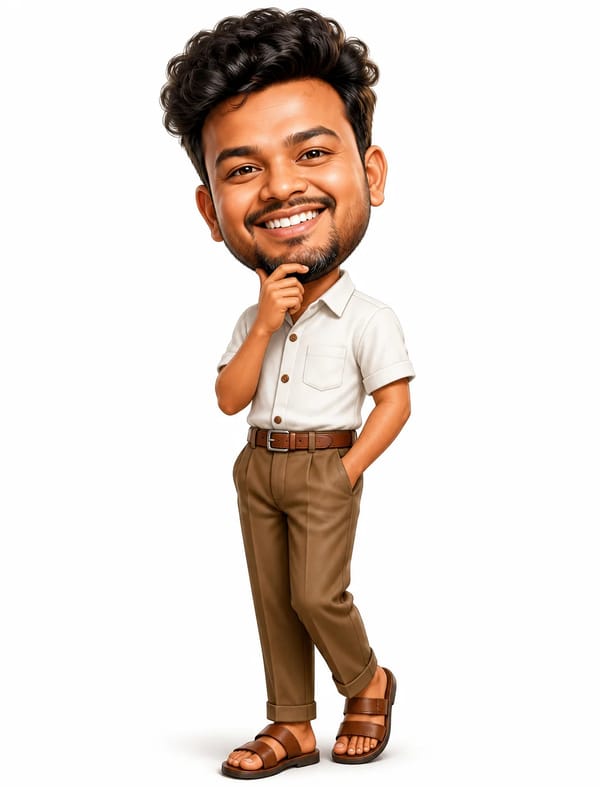 [image1]A highly detailed 3D caricature of a cheerful man with an oversized head, a big smile showc… prompt example