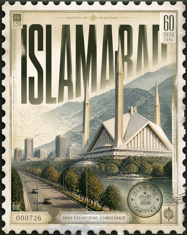 Design a premium 4:5 collectible postal-stamp poster for ISLAMABAD, where the entire composition is… prompt example